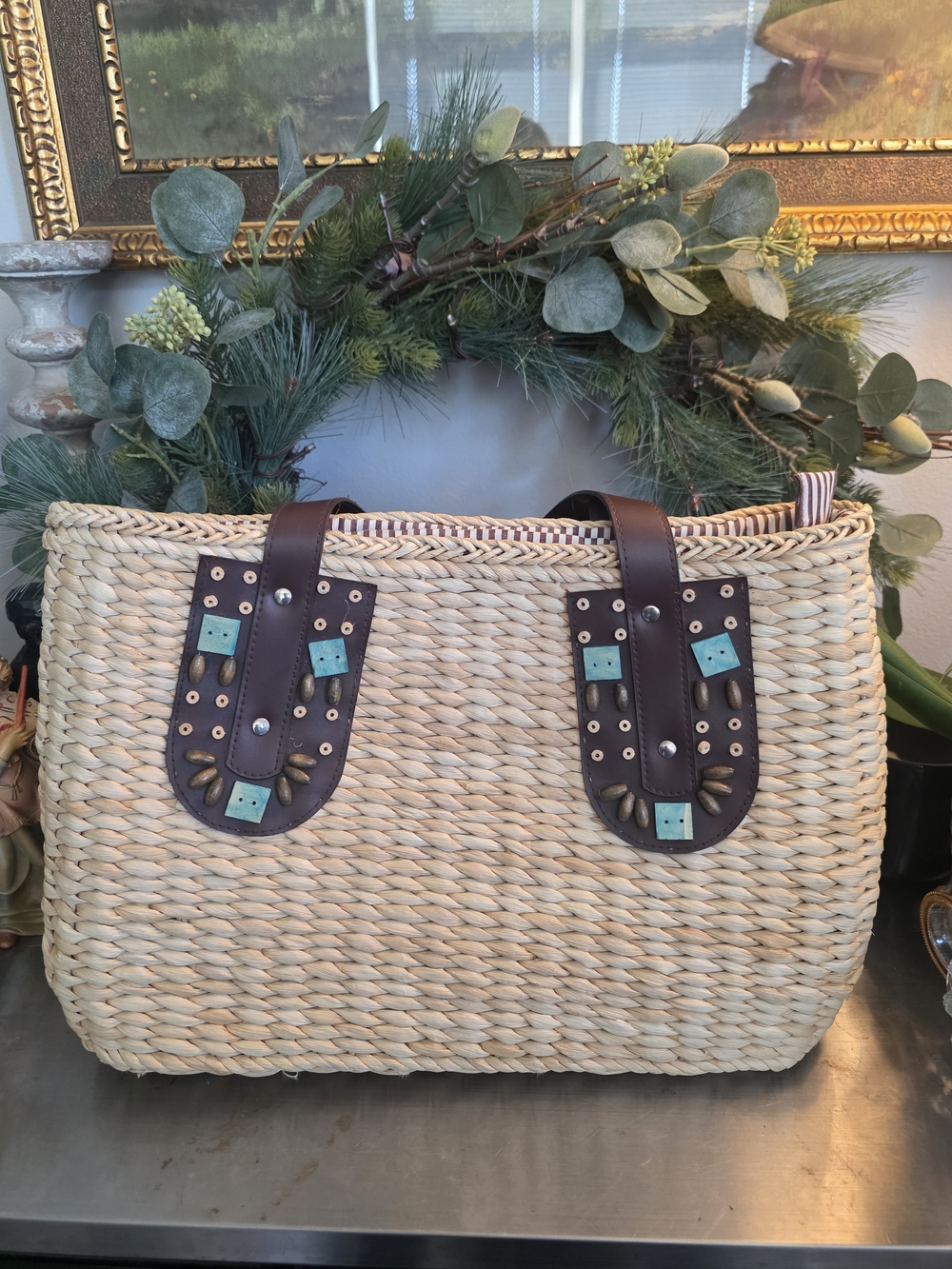Unique Corn Husk Tote Bag with Leather Trim and Turquoise Accents - Natural